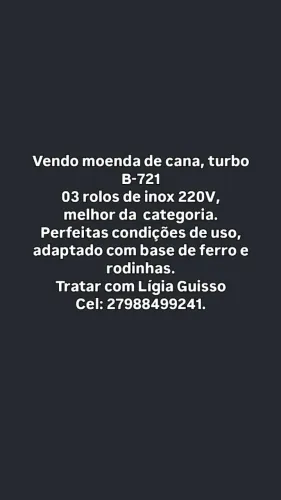 Vendo moenda de cana B-721 três rolos com motor,  já com base e rodinhas.