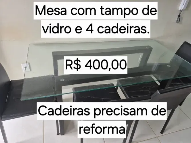 Mesa retangular tampo vidro, excelente, pés em ferro, preto excelente...6 cadeiras,