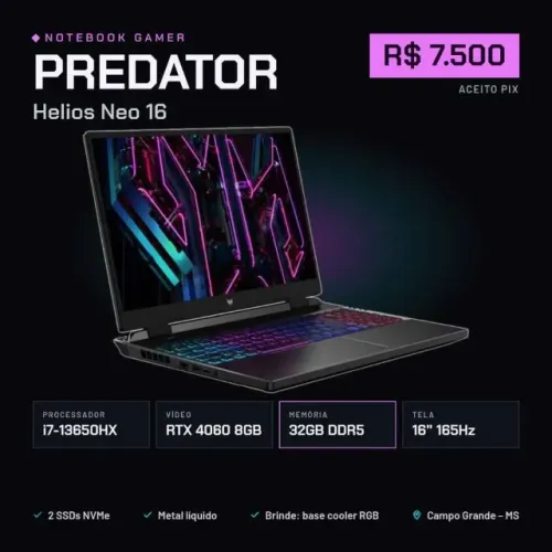 Notebook Gamer Predator Helios Neo 16 i7 13ª RTX 4060 32GB 165Hz