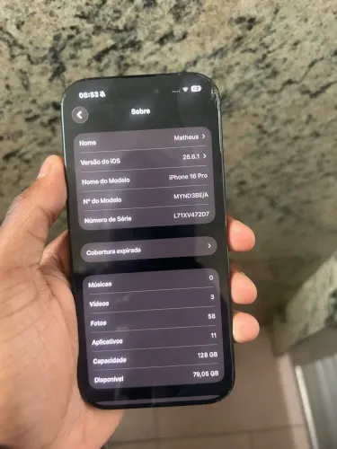 Vendo iPhone 16 Pro 128GB usado, pequeno trinco na tela. Preço: 3.200