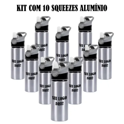 Kit 10 Garrafas Seu Logo | Squeeze Alumínio 600ml | Prata | Personalizado | Click