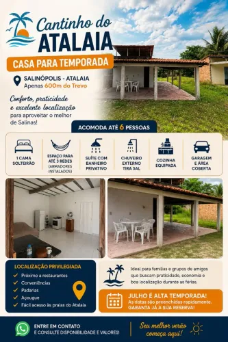 CASA NA ESTRADA DO ATALAIA | TEMPORADA EM SALINAS | VERÃO JULHO | R$ 180 A 250