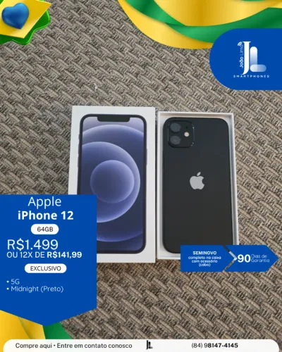 IPHONE 12, 64GB, PRETO, BAT 100%, SEMINOVO, EXCLUSIVO!