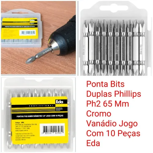 Ponta Bits Duplas Phillips Ph2 65 Mm Cromo Vanádio Jogo Com 10 Peças Eda