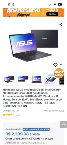 notebook ASUS Vivobook Go 15 (modelo E510KA