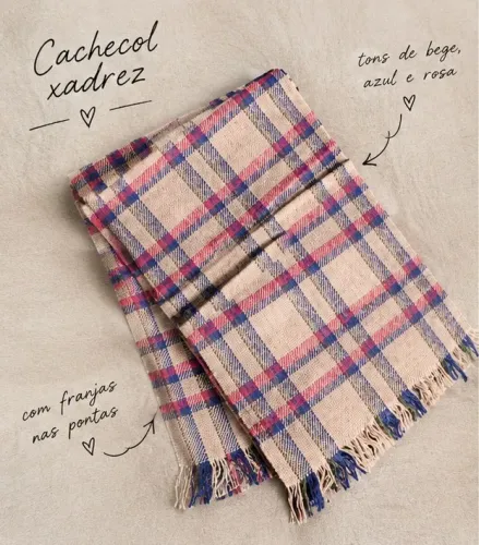 Cachecol xadrez bege, azul e rosa com franjas