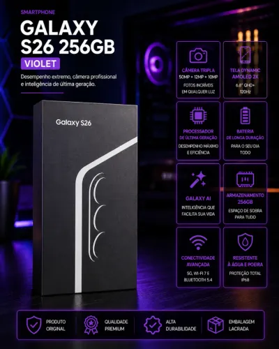 Samsung Galaxy S26 5G, 256GB, 12GB RAM Tela de 6.3"