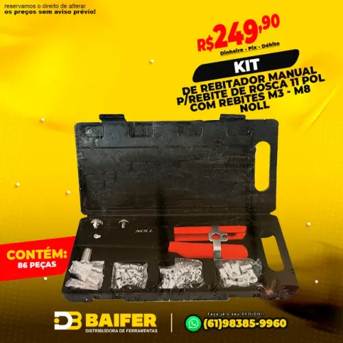 Kit de Rebitador Manual Para Rebite de Rosca 11 Pol Com Rebites M3 - M8 86 Peças Noll