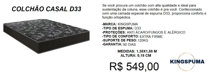 Colchão D33 Alto suporte de peso excelente qualidade