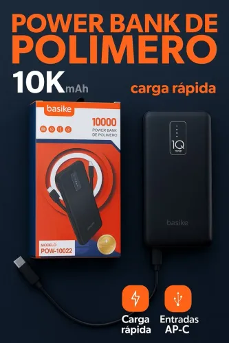 Power Bank de Polímero Basike - 10K mAh com Entradas USB/Type-C