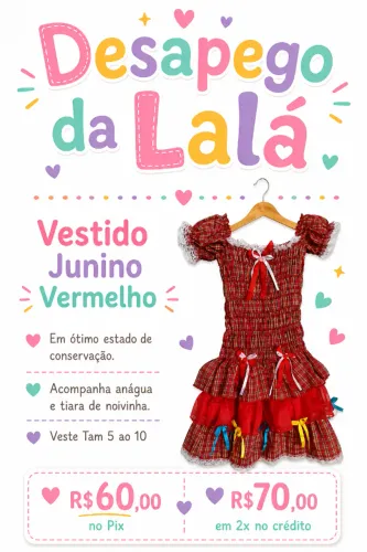 Vestido Infantil Festa Junina Vermelho Completo