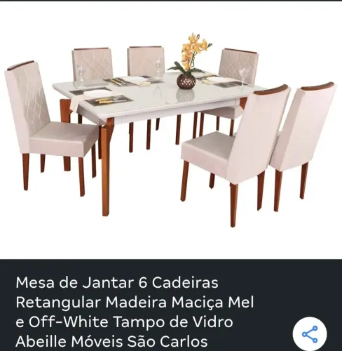 Mesa de Jantar 6 cadeiras,  tampo de vidro