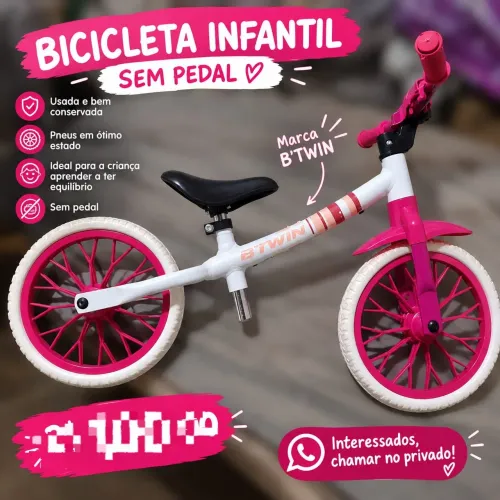 Bicicleta Infantil B?TWIN Sem Pedal Rosa e Branca