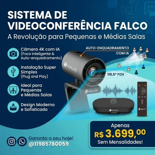 Videoconferencia FALCO plug and play câmera 4K integrada com IA, sistema controle remoto