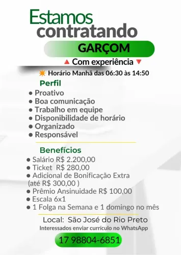 VAGA DE EMPREGO (GARÇOM c/experiência)