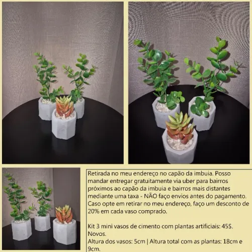 Kit 3 mini vasos com plantas artificiais novos