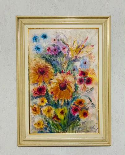 Quadro Arranjo De Flores Florais Óleo S/ Tela Moldura Marfim 54x74