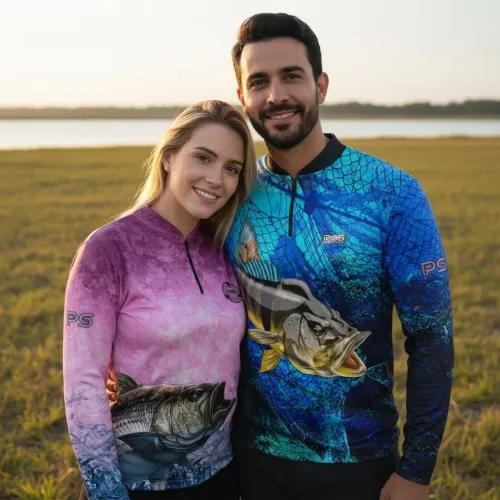 Camisa de pesca adulto infantil e kit casal