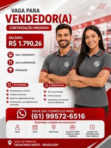VAGA: VENDEDOR(A) - CONTRATAÇÃO IMEDIATA