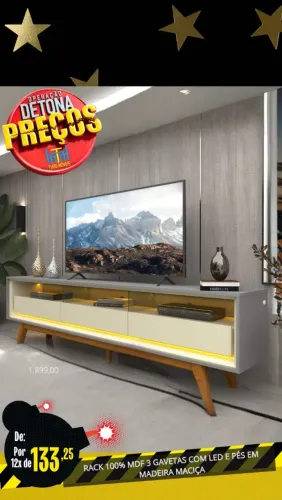 Rack 100% mdf 3 gavetas com led e pés em madeira maciça 