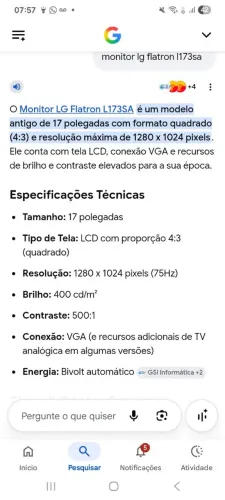 Vendo - Monitor computador LG Flatron modelo L173SA em perfeito estado - 17 polegadas