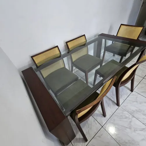 Mesa de Jantar Madeira Maciça 1,80m x 0,90m + Tampo de Vidro + 6 Cadeiras