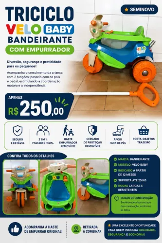 TRICICLO BANDEIRANTE VELO BABY COM EMPURRADOR - SEMINOVO