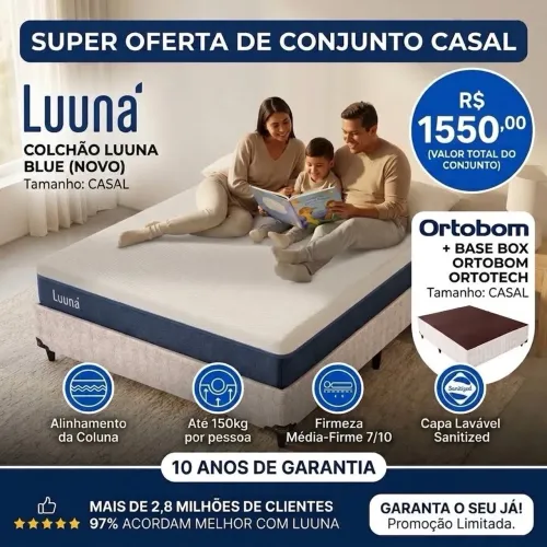 Colchão Lunna Blue + Base Box Ortobom Casal Novos
