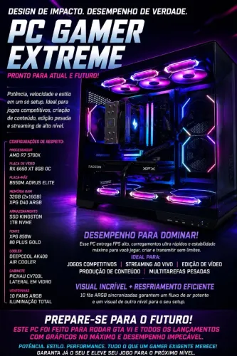 PC GAMER R7 5700X RX 6650 XT 8GB OC 32GB 850WGOLD 12 ARGB - NOVO c/GARANTIA WiFi 7 e BT!