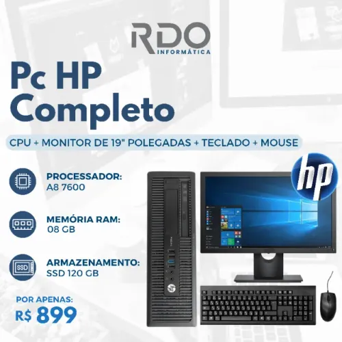 Computador HP A8 7600 8GB SSD 120GB Completo Monitor 19" - Pc barato para empresas (PDV)