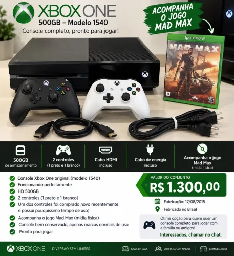 Xbox One 500GB Original + 2 Controles (Preto e Branco) + Jogo Mad Max