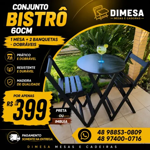 Mesa bistrô redonda 60cm com 2 banquetas dobráveis