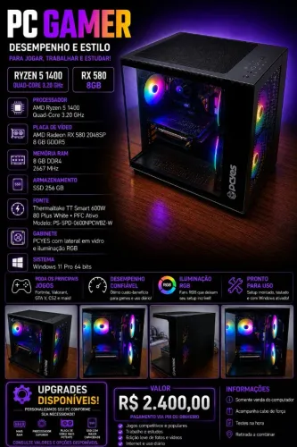 Pc amd ryzen ssd 256gb 8gb ddr4, rx580