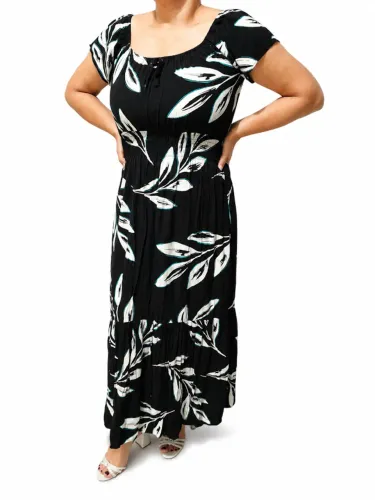 Vestido longo estampado preto e branco