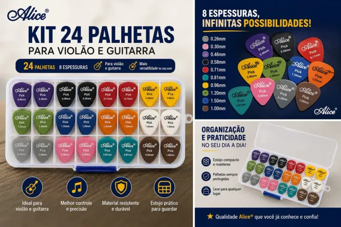 Kit com 24 Palhetas Alice + Estojo Organizador