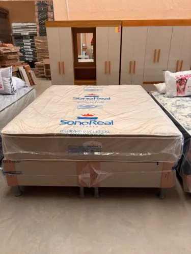 Cama Box Queen Bege + Colchão De Molas Ensacadas - Sono real 158x198