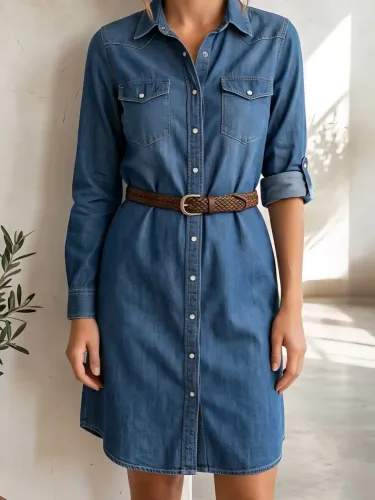 Vestido Jeans Midi com Cinto Trançado Manga Longa
