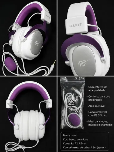 Headset Gamer Havit H2002D Branco/Roxo - Estado de Novo (aceito negociação)