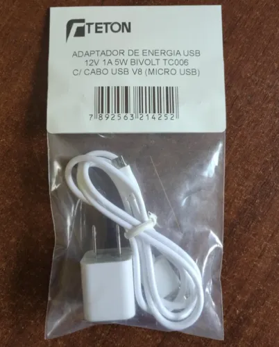 Adaptador De Energia USB 12V 1A 5W Bivolt TC006 C/ Cabo USB V8 (Micro USB)
