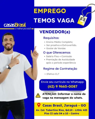 VAGA VENDEDOR JARAGUÁ-GO