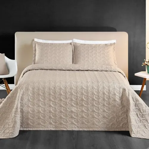 Kit Cobre Leito Colcha King 3 Peças Ágata Bordado Matelado Micropercal 200 Fios - CAQUI