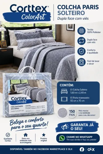 Colcha Solteiro Dupla Face Corttex ColorArt Paris 150 Fios + Porta Travesseiro