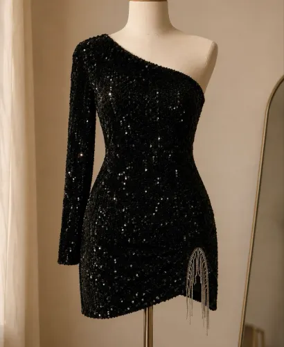 Vestido Preto de Paetês Ombro Único com Franjas brilhosas