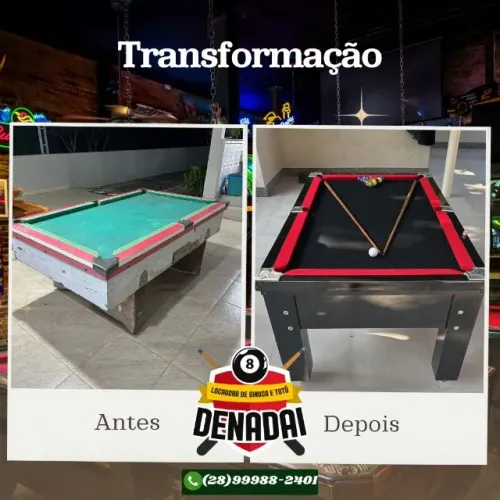 Sinuca e totó (pebolim), aluguel para bares, venda, troca de pano e peças e reforma.