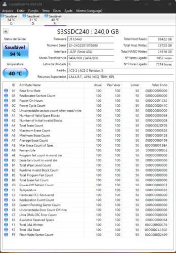 SSD S3+ 240GB SATA 3 2.5" - Saudável 94% (Testado e Funcionando)
