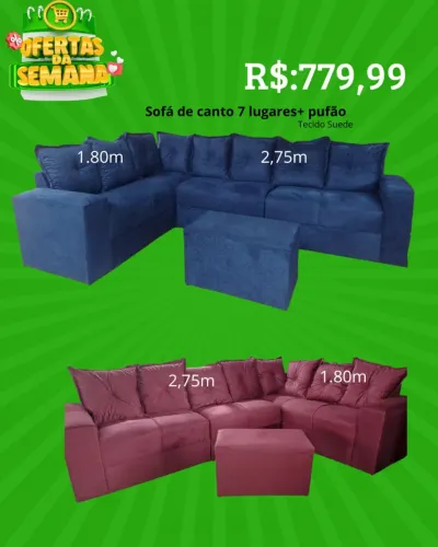 Sofá de canto 7 lugares 2.75mx1.80m Suede várias cores + puf grande / pague na entrega 