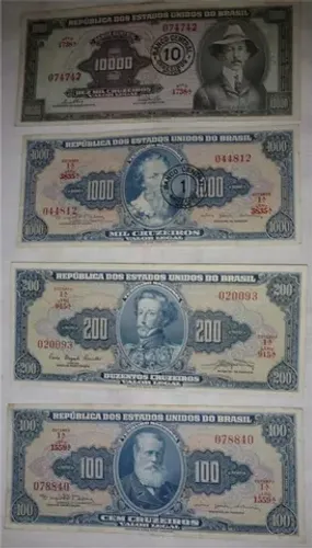 cédulas(4) brasileiras 100-200-(1000 e 10000  carimbadas) cruzeiros