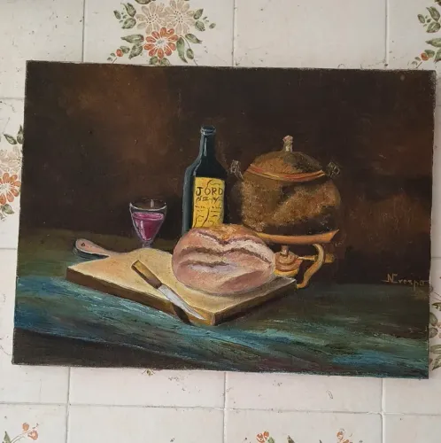 Tela pintada a mão "Pão e Vinho"