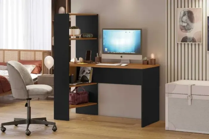 sala escritorio mesa office com estante