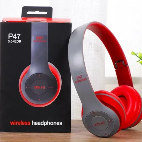 Fone de ouvido Bluetooth P47 Wireless - Vermelho e Cinza